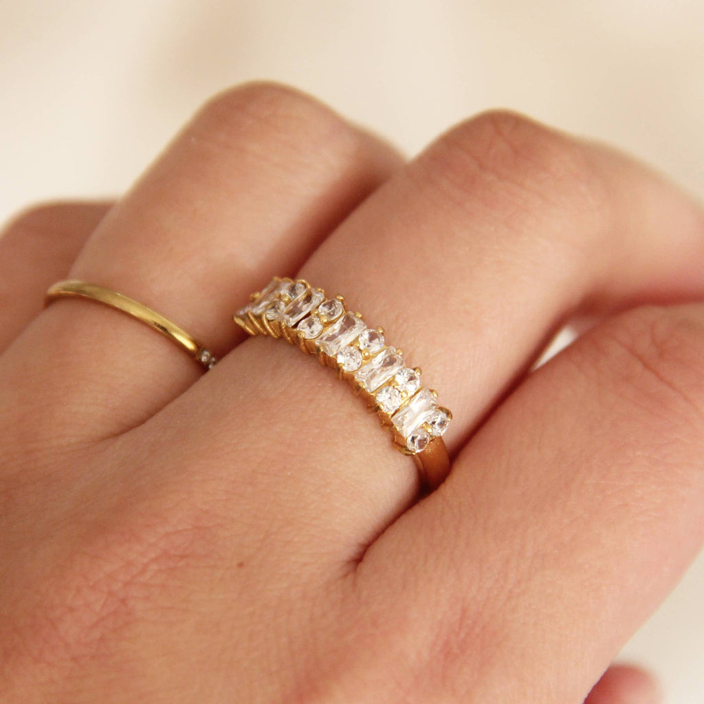Baguette and Round CZ Wide Band Ring: Gold / 7