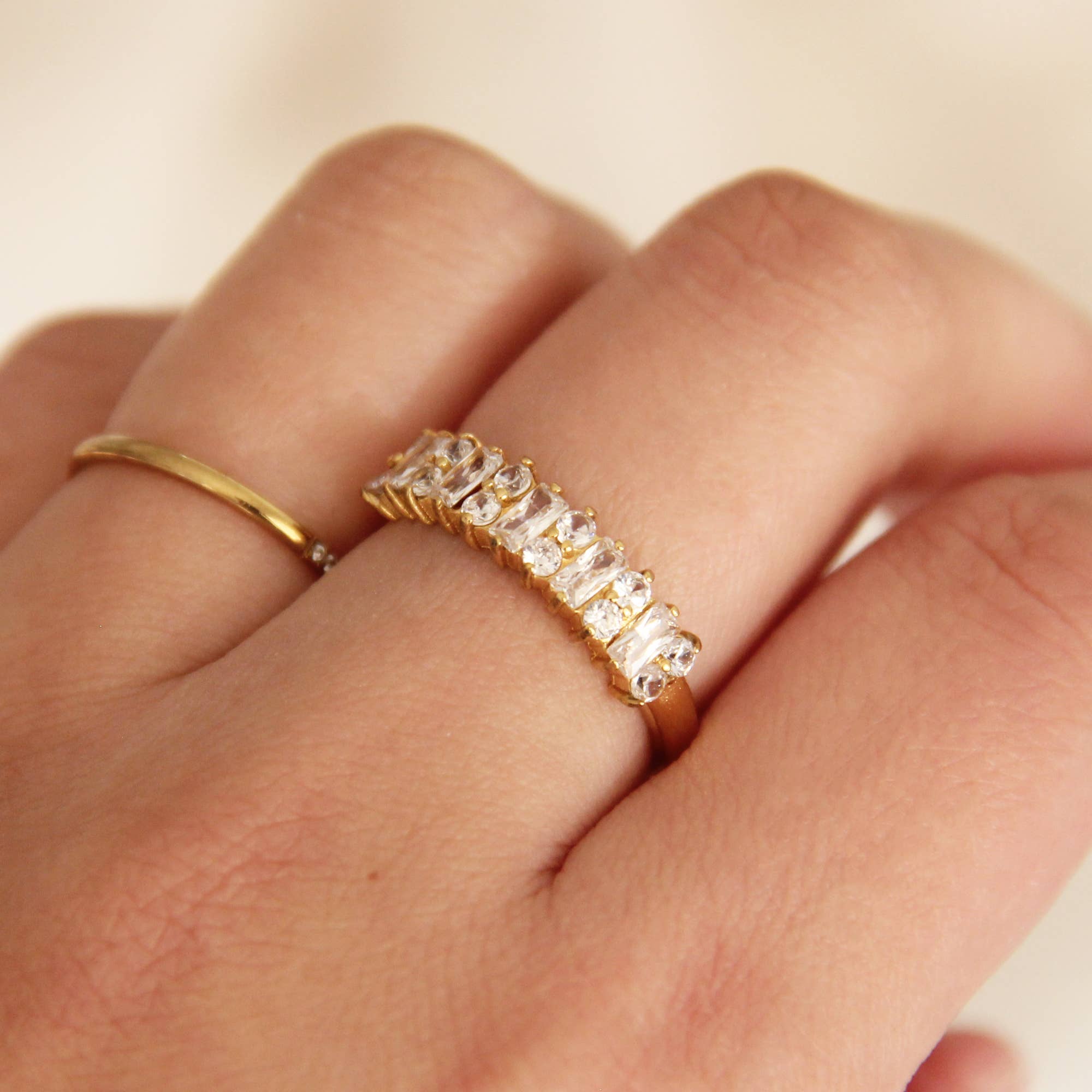 Baguette and Round CZ Wide Band Ring: Gold / 7