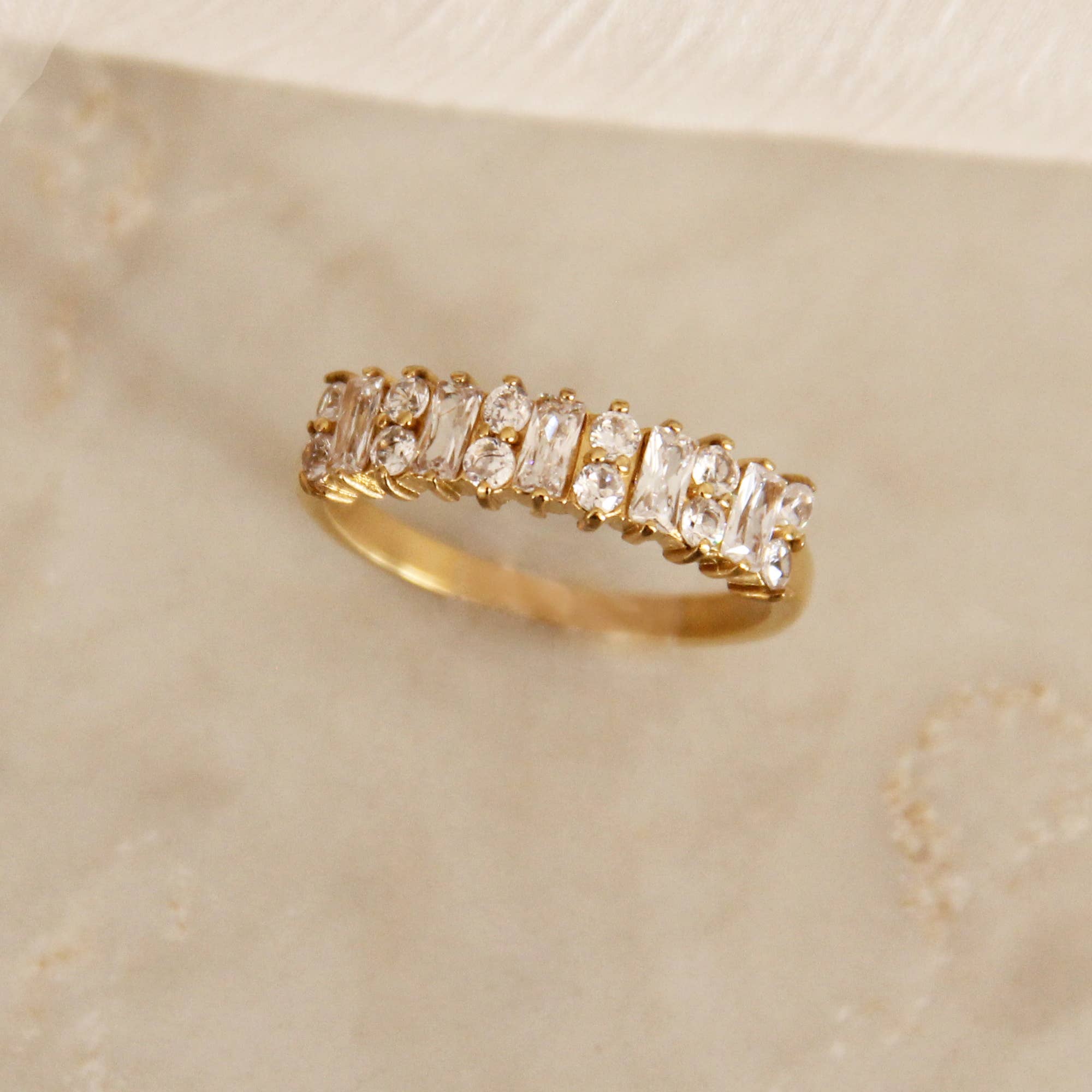 Baguette and Round CZ Wide Band Ring: Gold / 7